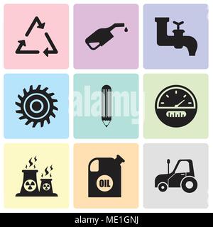 Satz von 9 einfache editierbare Ikonen wie autotruck, Ölbehälter, Stoff, Tachometer, Bleistift, Sägeblatt, Wasserhahn, Pumpe, Dreieck, für mobil verwendet werden können Stock Vektor