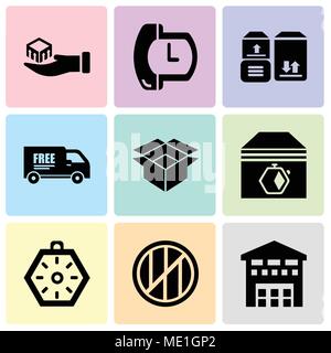 Satz von 9 einfache editierbare Symbole wie Kisten stapeln Sto innerhalb einer Garage für Lieferung, Holz mit quadratische Form für Lieferung, Lokalisierung orien Stock Vektor