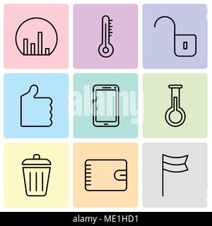 Satz von 9 einfache editierbare Ikonen wie Lage Flagge, Geldbörse mit Reißverschluss, Mülleimer, Erlenmeyerkolben, Smartphone, Daumen hoch, Entriegelt das Vorhängeschloss, Quecksilber t Stock Vektor