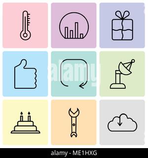 Satz von 9 einfache editierbare Ikonen wie Download aus der Cloud, Schraubenschlüssel, Kuchen mit Kerzen, Satellitenschüssel, Update Pfeil, Daumen hoch, Lesezeichen, Balkendiagramm Stock Vektor