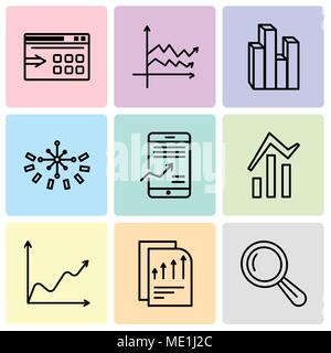 Satz von 9 einfache editierbare Ikonen wie Lupe Werkzeug, Bars Seite Chart, Daten wave Chart, Bars und Datenanalyse, Mobile Lager Datenanalyse, Data Ana Stock Vektor
