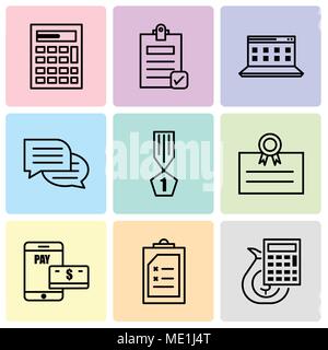 Satz von 9 einfache editierbare Ikonen wie Geld, Taschenrechner, Dokument, Zahlung, Postkarte, Sieger, Chatten, Computer, Dokument prüfen, Rechner, können verwendet werden. Stock Vektor