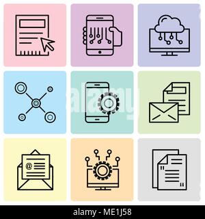 Satz von 9 einfache editierbare Ikonen wie E-Mail, Laptop, auf Mail, Mail, Einrichtung, Netzwerk, Laptop, Smartphone, Leer, für mobile verwendet werden, die Web-UI Stock Vektor