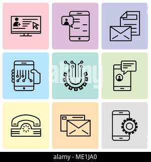 Satz von 9 einfache editierbare Symbole wie Setup, Mail, Telefon, Chat, Smartphone, Einstellungen, Smartphone, E-Mail, Chat im Smartphone, Lesen von E-Mails auf dem Schoß Stock Vektor