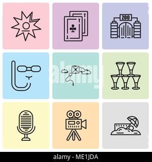 Satz von 9 einfache editierbare Ikonen wie Sand, Videokamera, Mikrofon, Gläser, Kitesurfen, Tauchen Maske, Zoo, Karten, Walk of Fame, für mobile, w verwendet werden Stock Vektor