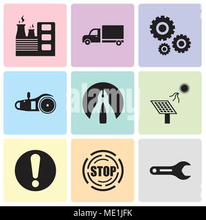 Satz von 9 einfache editierbare Ikonen wie Rohrzange, Stop, Ausrufezeichen, Solar Batterie, Flachbild plyer, elektrische Säge, Einstellungen, Lkw, Fabrik, verwendet werden kann. Stock Vektor