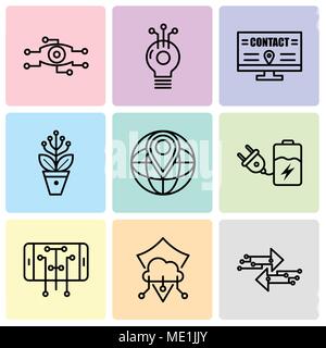 Satz von 9 einfache editierbare Ikonen wie Transfer, Schutz, Smartphone, Batterie, Welt Platzhalter, Einstellungen, Reklametafeln, Idee, Analyse, kann verwendet werden Stock Vektor