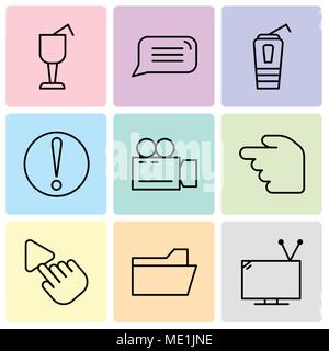 Satz von 9 einfache editierbare Ikonen wie Fernseher mit Antenne, Datei, Ordner, Auswahl Werkzeug, Sanduhr, Videokamera, Vorsicht, Pappbecher mit einem drinki Stock Vektor