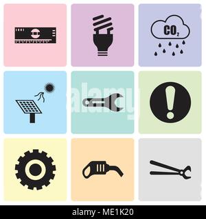 Satz von 9 einfache editierbare Ikonen wie Zangen, Pumpe, Einstellung, Ausrufezeichen, Ringschlüssel, Solar Batterie, Co2, Glühbirne, Maßstab, für mobile verwendet werden, Stock Vektor