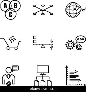 Satz von 9 einfache editierbare Symbole wie Analytik, Datenfluss, Handy Analitycs, 3d Data Analytics, Sun Flare, Warenkorb Grafik, Flow chart Schnittstelle, Stock Vektor