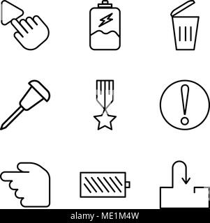 Satz von 9 einfache editierbare Ikonen wie Posteingang, Batteriestand, Sanduhr, Vorsicht, Medaille mit einem Stern, Stecknadel, Mülleimer, Akku laden, Werkzeug Auswahl Stock Vektor