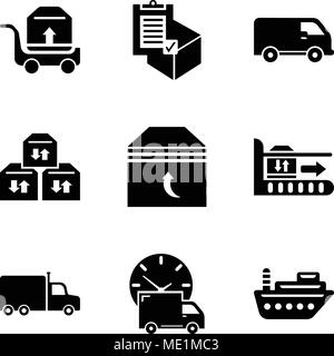 Satz von 9 einfache editierbare Ikonen wie Schiff, Logistik, Lieferwagen und Lkw, Frontal, auf Rolling transport Paket, Schachtel Verpackung für d Stock Vektor