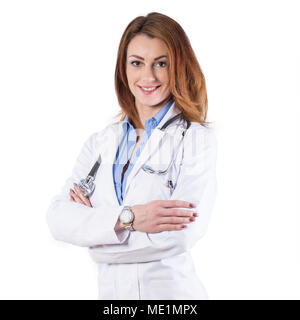 Portrait einer jungen schönen Frau Doktor isoliert auf Weiss. Stockfoto