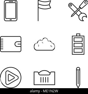 Satz von 9 einfache editierbare Ikonen wie Bearbeiten, Warenkorb, Play-Taste, Batteriestand, Cloud, Geldbörse mit Reißverschluss, Schraubendreher und Gabelschlüssel, Loca Stock Vektor
