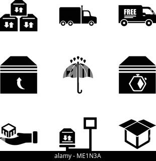 Satz von 9 einfache editierbare Ikonen wie Lieferung Verpackung geöffnet, Gewicht der Lieferung Paket auf einer Skala, die Paketzustellung in der Hand, bis Pfeile Paar, 24 Stock Vektor