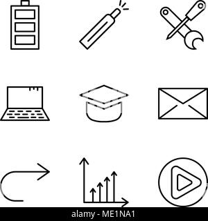 Satz von 9 einfache editierbare Ikonen wie Play-Taste nutzen Chart, Pfeil nach rechts, verschlossenen Umschlag, Werkzeug hinzufügen, Laptop, Schraubendreher und Gabelschlüssel, Stock Vektor