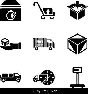 Satz von 9 einfache editierbare Ikonen wie Logistik, LKW-Waage mit kreisförmigen, Lieferwagen mit Paketen hinter, Paket cube b Stock Vektor