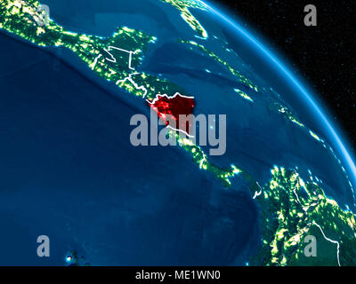 Satellitenansicht von Nicaragua in Rot hervorgehoben auf dem Planeten Erde bei Nacht mit Grenzen und die Lichter der Stadt. 3D-Darstellung. Elemente dieses Bild furn Stockfoto