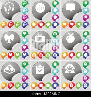 Kopfhörer, Globus, Sprechblase, Wi-Fi, Fernseher, Apple, Hochladen, Umfrage, Avatar zeichen Symbol. Ein Satz von 70 zwei bunte runde Buttons, Aufkleber. Vektor illu Stock Vektor