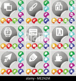 Kopieren, Ink pot, Paket, Armbanduhr, Kreditkarte, ZIP-Datei, Paper Plane, Bleistift, Kaffee zeichen Symbol. Ein Satz von 70 zwei bunte runde Tasten, sticke Stock Vektor
