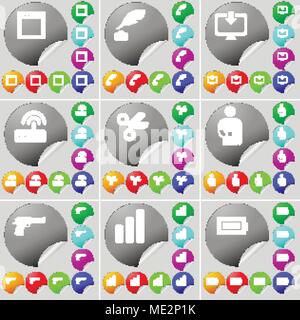 Fenster, Kugelschreiber, Überwachung, WLAN, Schere, Silhouette, Gewehr, Schaltplan, Batterie Zeichen Symbol. Ein Satz von 70 zwei bunte runde Buttons, Aufkleber. Vektor Stock Vektor