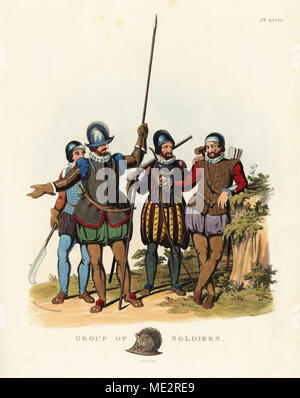 Gruppe von Soldaten, 1554. Pikeman in Mieder, gorget und steelhat; Archer in brigandines, gesteppte Brustpanzer, Stahl Schädel-cap, Bogen und den Köcher mit 24 Pfeilen; halbardier oder Schwarz - bill Mann in almaine rivetts und morian oder Schaller Helm; und arquebusier oder hagbut Mann, 1554. Papierkörbe Lithographie von maddocks nach einer Abbildung von S.R. Meyrick von Sir Samuel Rush Meyrick ist eine kritische Untersuchung Antient Rüstung, John dowding, London, 1842. Stockfoto