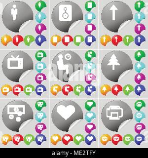 Silhouette, Lautsprecher, Pfeil nach oben, TV, Wartezimmer, Tannenbaum, Währung, Herzen, Drucker Zeichen Symbol. Ein Satz von 70 zwei bunte runde Buttons, Aufkleber. Stock Vektor