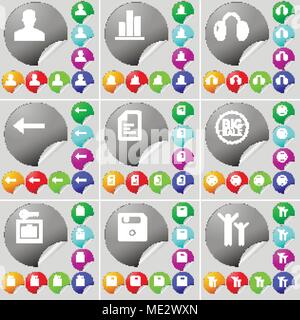 Avatar, Schaltplan, Kopfhörer, Pfeil links, Textdatei, BIG Verkauf, Vault, Diskette, Silhouette sign Symbol. Ein Satz von 70 zwei bunte runde Tasten, s Stock Vektor