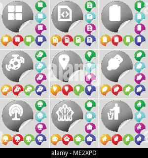 Apps, Datei, Batterie, Lautsprecher, Checkpoint, USB, WLAN, Silhouette sign Symbol. Ein Satz von 70 zwei bunte runde Buttons, Aufkleber. Vector Illustration Stock Vektor