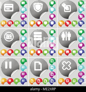 Kreditkarte, Schild, Bleistift, großen Verkauf, Apps, Wc, Pause, Datei, Stoppzeichen. Ein Satz von 70 zwei bunte runde Buttons, Aufkleber. Vektor illust Stock Vektor