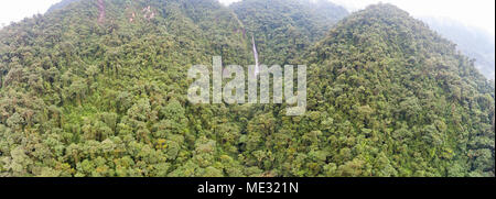 Antenne Panorama eines Wasserfalls im unberührten montane Regenwald am Amazonas Hängen der Anden in der Provinz Morona Santiago, Ecuador Stockfoto