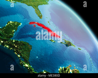 Sat-morgen Blick auf Kuba in Rot hervorgehoben auf dem Planeten Erde. 3D-Darstellung. Elemente dieses Bild von der NASA eingerichtet. Stockfoto
