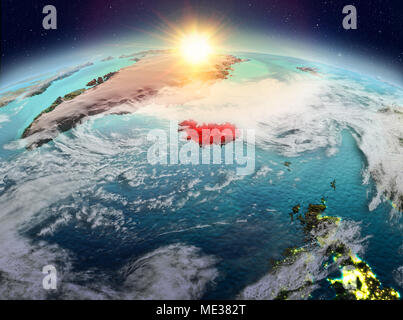 Satellitenansicht von Island in Rot hervorgehoben auf dem Planeten Erde mit Wolken bei Sonnenaufgang. 3D-Darstellung. Elemente dieses Bild von der NASA eingerichtet. Stockfoto