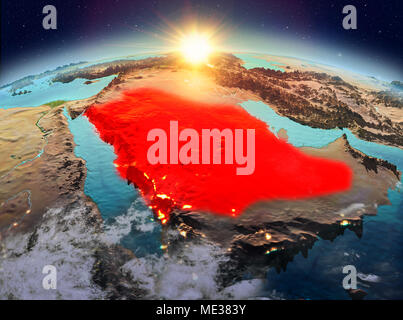 Satellitenansicht von Saudi-arabien in Rot hervorgehoben auf dem Planeten Erde mit Wolken bei Sonnenaufgang. 3D-Darstellung. Elemente dieses Bild durch NAS eingerichtet Stockfoto