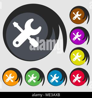 Schraubenzieher, Schlüssel, das Symbol Einstellungen anmelden. Symbol auf acht farbigen Tasten. Vector Illustration Stock Vektor