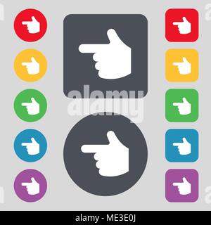 Zeigende Hand Symbol unterzeichnen. Um ein Set mit 12 farbigen Tasten. Flache Bauform. Vector Illustration Stock Vektor