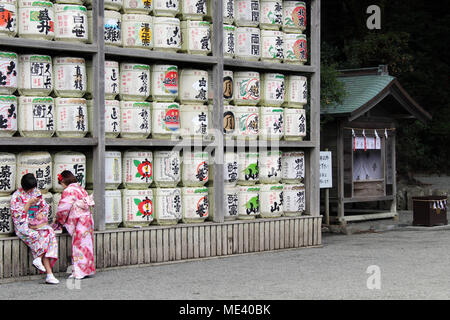 Übersetzung: Mädchen im Kimono vor der Trommeln oder Fässer von Sake (japanischer alkoholische Getränke) an tsurugaoka Schrein. In Kamakura, Februar 2018 berücksichtigt. Stockfoto