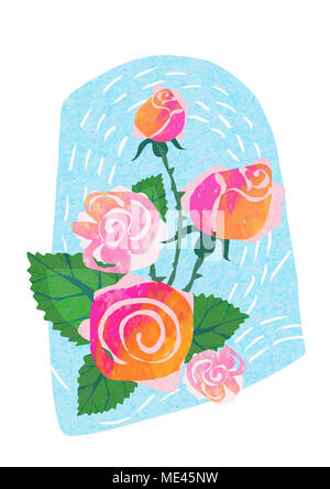 Rose abstrakten Blumenstrauß. Hand gezeichnet Grußkarte mit rote Rose auf blauem Hintergrund für Dekoration Design. Floral-Design. Aquarell abstrakter Kunst. Stockfoto