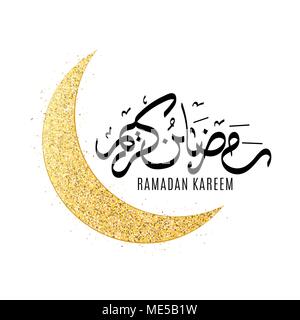 Ramadan Kareem. Religion heiligen Monat. Mond aus Gold glänzt auf einem weißen Hintergrund. Luxuriöse Monat. Hand luxuriöse Kalligraphie gezeichnet. Vektor Stock Vektor