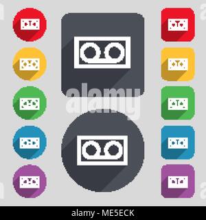 Audio Kassette Symbol unterzeichnen. Um ein Set mit 12 farbigen Tasten und einen langen Schatten. Flache Bauform. Vector Illustration Stock Vektor