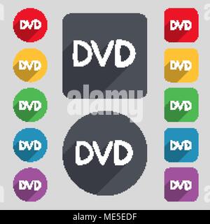 Dvd-Symbol. Um ein Set mit 12 farbigen Tasten und einen langen Schatten. Flache Bauform. Vector Illustration Stock Vektor