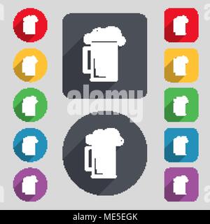 Glas Bier Symbol unterzeichnen. Um ein Set mit 12 farbigen Tasten und einen langen Schatten. Flache Bauform. Vector Illustration Stock Vektor