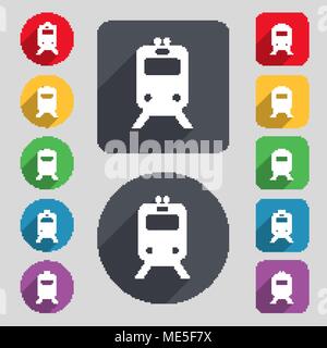 Zug Symbol unterzeichnen. Um ein Set mit 12 farbigen Tasten und einen langen Schatten. Flache Bauform. Vector Illustration Stock Vektor