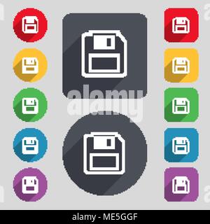 Diskettensymbol unterzeichnen. Um ein Set mit 12 farbigen Tasten und einen langen Schatten. Flache Bauform. Vector Illustration Stock Vektor