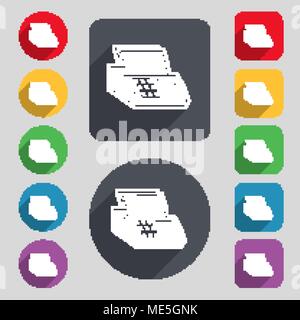 Cash Maschine registrieren Symbol unterzeichnen. Um ein Set mit 12 farbigen Tasten und einen langen Schatten. Flache Bauform. Vector Illustration Stock Vektor