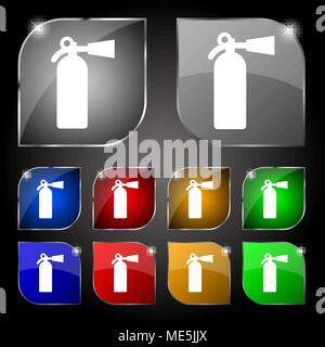 Feuerlöscher Symbol unterzeichnen. Set aus 10 farbigen Buttons mit Blendschutz. Vector Illustration Stock Vektor