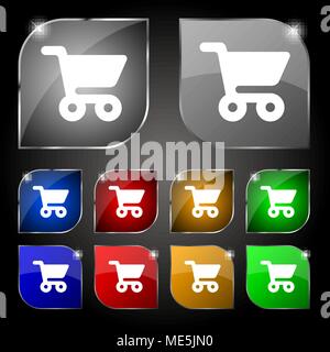 Warenkorb Symbol unterzeichnen. Set aus 10 farbigen Buttons mit Blendschutz. Vector Illustration Stock Vektor