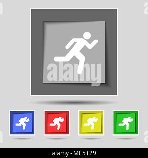 Laufender Mann Symbol Zeichen auf der ursprünglichen fünf farbigen Tasten. Vector Illustration Stock Vektor