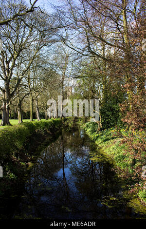 Von Bäumen gesäumten Bach durch den Park läuft mit Reflexionen im Wasser Stockfoto