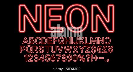 Neon Schrift in Farbe rot. Vektor Sammlung von lateinischen Buchstaben, Neon Neon Alphabet bestehend aus Umrisse auf dem dunklen Hintergrund Stock Vektor